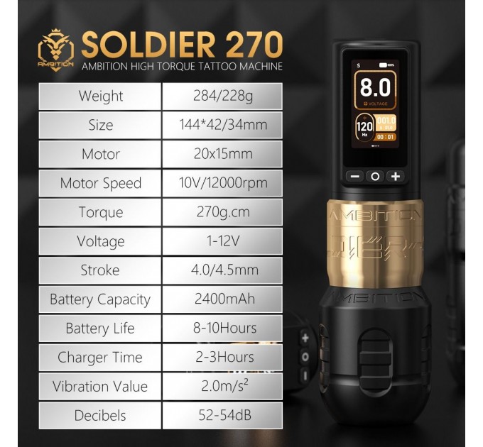 Бездротова тату машинка Ambition Soldier 270 (Black) 2 тримачі